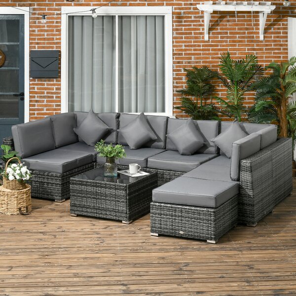 Outsunny 8 Pieces PE Rattan Corner Sofa Set Garden Furniture Set Patio Wicker Sofa Seater w/ Cushion Washable Cushion Cover Tempered Glass Table Grey