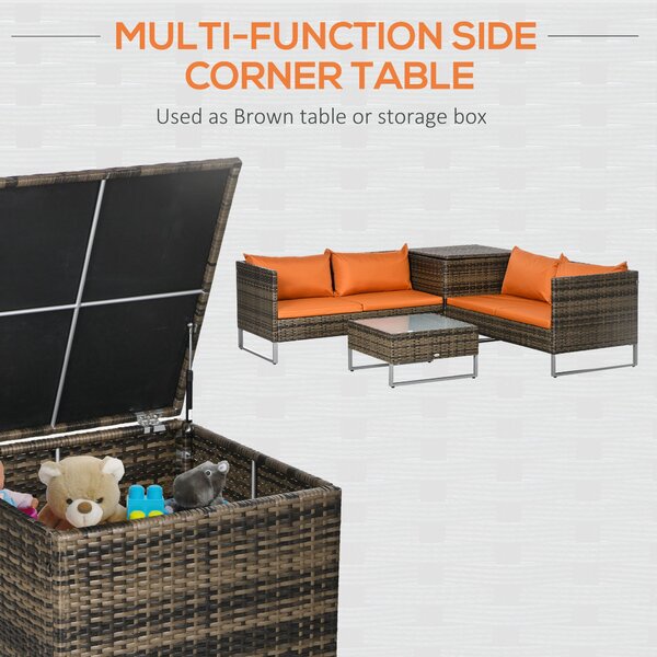 Outsunny 4pc Patio Furniture Set, Rattan Wicker Outdoor Corner Sofa Set with Love Seat, Table, Cushions, Orange Aosom UK