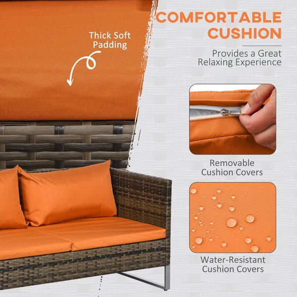 Outsunny 4pc Patio Furniture Set, Rattan Wicker Outdoor Corner Sofa Set with Love Seat, Table, Cushions, Orange Aosom UK
