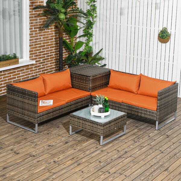 Outsunny 4pc Patio Furniture Set, Rattan Wicker Outdoor Corner Sofa Set with Love Seat, Table, Cushions, Orange Aosom UK