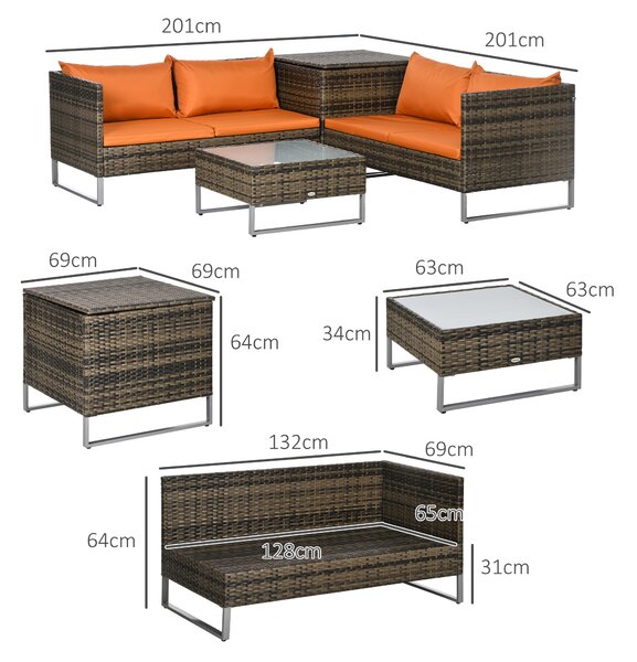 Outsunny 4pc Patio Furniture Set, Rattan Wicker Outdoor Corner Sofa Set with Love Seat, Table, Cushions, Orange Aosom UK