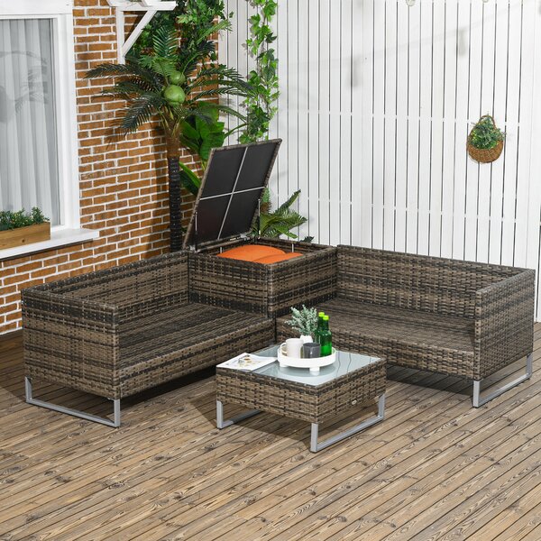 Outsunny 4pc Patio Furniture Set, Rattan Wicker Outdoor Corner Sofa Set with Love Seat, Table, Cushions, Orange Aosom UK