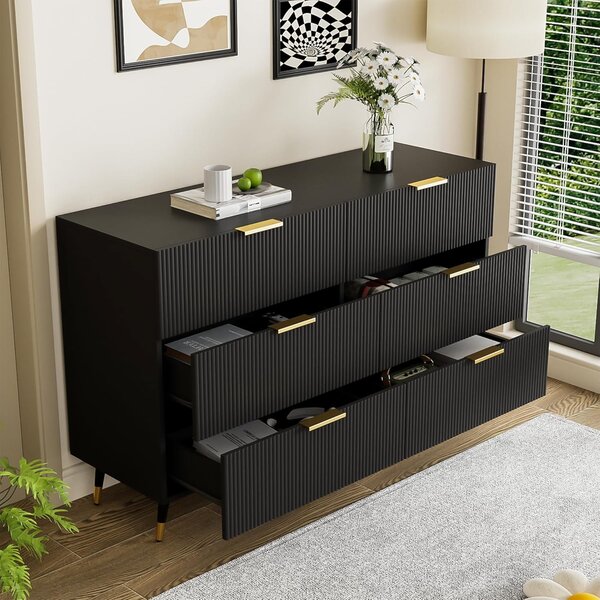 6-Drawer Sideboard with Wave-Textured Front, Metal Handles, Minimalist Buffet Storage for Living Room, 120x40x77 cm, Black/Gold Aosom UK