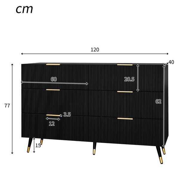 6-Drawer Sideboard with Wave-Textured Front, Metal Handles, Minimalist Buffet Storage for Living Room, 120x40x77 cm, Black/Gold Aosom UK