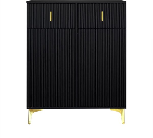 Modern Shoe Cabinet Sideboard with Adjustable Shelves, Gold Details, Push-to-Open Doors, Slim Hallway Storage, 83x35x101 cm, Black Aosom UK