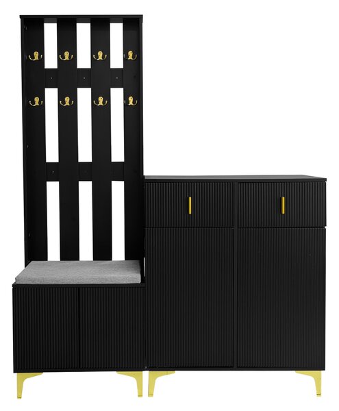 Modern Wardrobe and Drawers Set with Shoe Bench and Cushion, Multiple Compartments, Wavy Texture, Elegant Shoe Cabinet for Entryway, Black Aosom UK