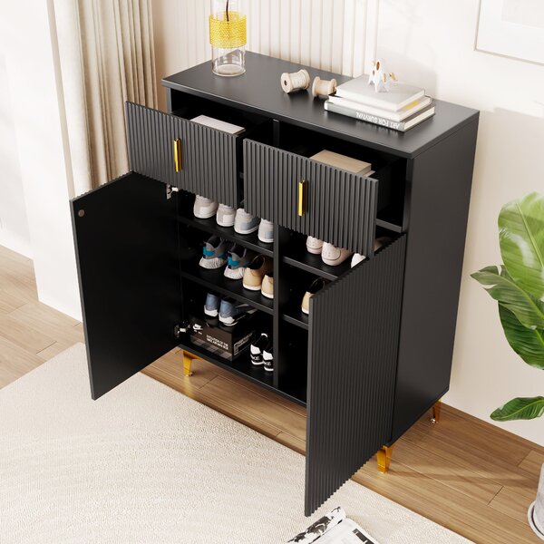 Modern Shoe Cabinet Sideboard with Adjustable Shelves, Gold Details, Push-to-Open Doors, Slim Hallway Storage, 83x35x101 cm, Black Aosom UK