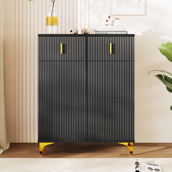 Modern Shoe Cabinet Sideboard with Adjustable Shelves, Gold Details, Push-to-Open Doors, Slim Hallway Storage, 83x35x101 cm, Black Aosom UK