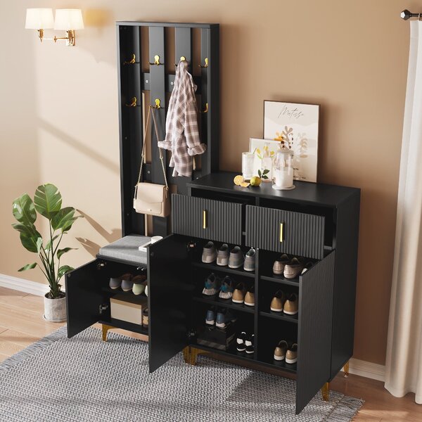 Modern Wardrobe and Drawers Set with Shoe Bench and Cushion, Multiple Compartments, Wavy Texture, Elegant Shoe Cabinet for Entryway, Black Aosom UK