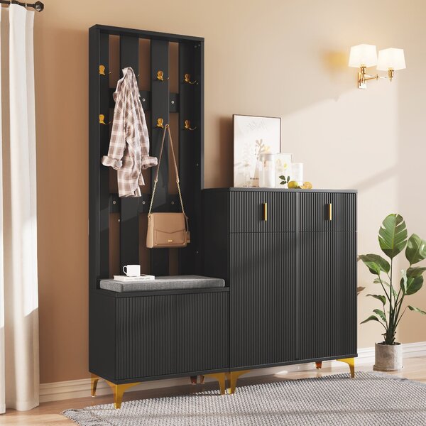 Modern Wardrobe and Drawers Set with Shoe Bench and Cushion, Multiple Compartments, Wavy Texture, Elegant Shoe Cabinet for Entryway, Black Aosom UK