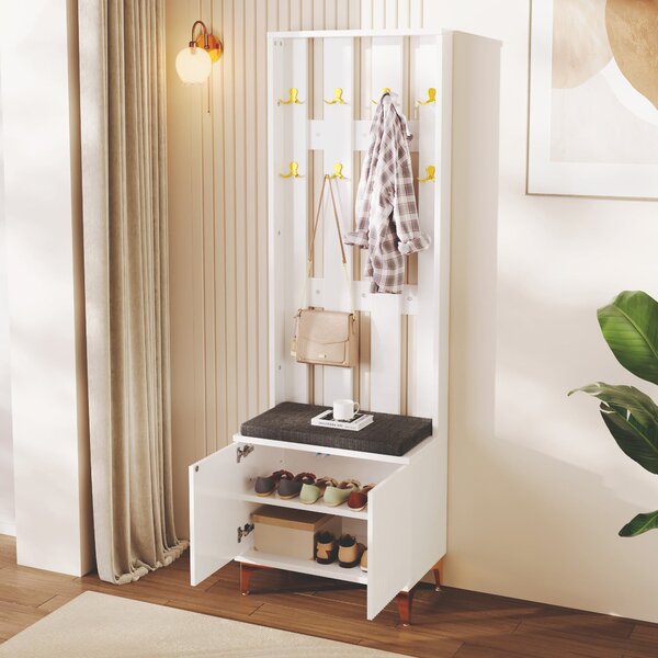 Elegant Wardrobe Set with Shoe Bench and Cushion, Adjustable Shelves, Closet Set Perfect for Entryway, 60.5L x 35W x 60.5H cm, White Aosom UK