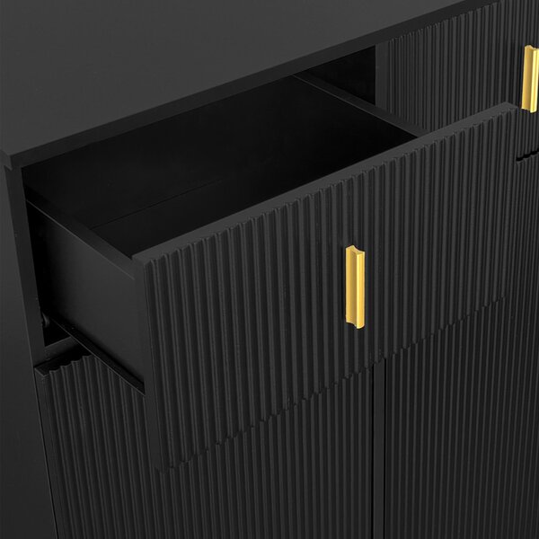 Modern Shoe Cabinet Sideboard with Adjustable Shelves, Gold Details, Push-to-Open Doors, Slim Hallway Storage, 83x35x101 cm, Black Aosom UK