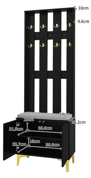 Elegant Wardrobe Set with Shoe Bench and Cushion, Adjustable Shelves, Closet Set Perfect for Entryway, 60.5L x 35W x 180.5H cm, Black Aosom UK