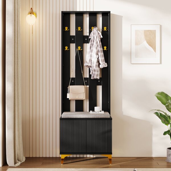 Elegant Wardrobe Set with Shoe Bench and Cushion, Adjustable Shelves, Closet Set Perfect for Entryway, 60.5L x 35W x 180.5H cm, Black Aosom UK