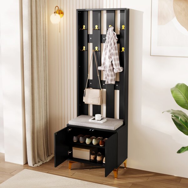 Elegant Wardrobe Set with Shoe Bench and Cushion, Adjustable Shelves, Closet Set Perfect for Entryway, 60.5L x 35W x 180.5H cm, Black Aosom UK
