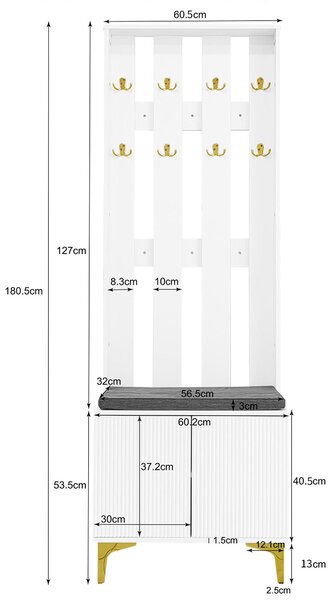 Practical Wardrobe Set with Shoe Bench and Cushion, Wave Texture, Closet Set Perfect for Entryway, 60.5L x 35W x 180.5H cm, White Aosom UK