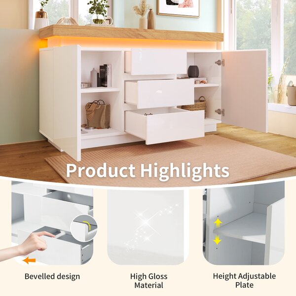 High-Gloss Storage Cabinet with 2 Doors and 3 Drawers, Modern Buffet with App-Controlled LED Light, for Hallway, 140L x 39W x 81H cm, White Aosom.UK
