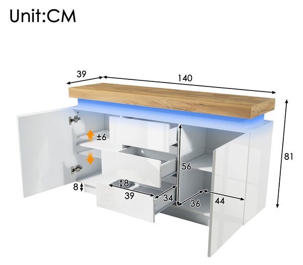 High-Gloss Storage Cabinet with 2 Doors and 3 Drawers, Modern Buffet with App-Controlled LED Light, for Hallway, 140L x 39W x 81H cm, White Aosom.UK