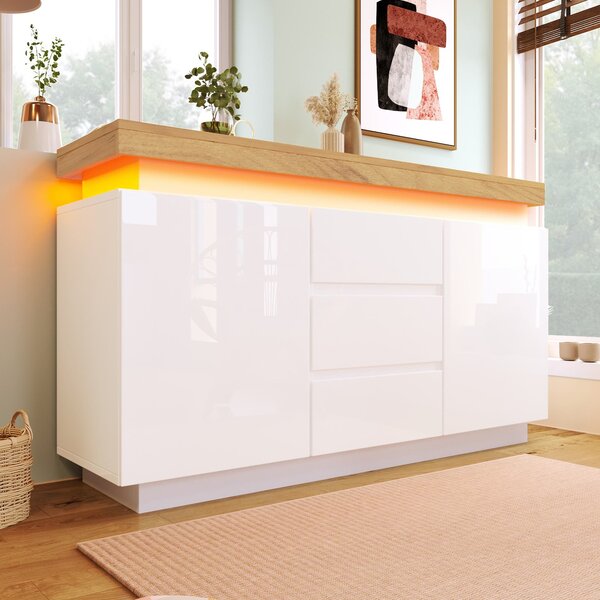 High-Gloss Storage Cabinet with 2 Doors and 3 Drawers, Modern Buffet with App-Controlled LED Light, for Hallway, 140L x 39W x 81H cm, White Aosom.UK