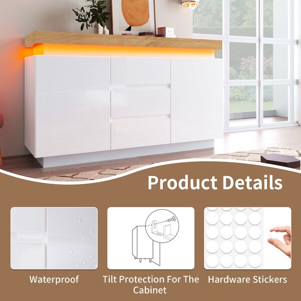 High-Gloss Storage Cabinet with 2 Doors and 3 Drawers, Modern Buffet with App-Controlled LED Light, for Hallway, 140L x 39W x 81H cm, White Aosom.UK