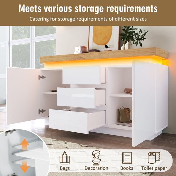 High-Gloss Storage Cabinet with 2 Doors and 3 Drawers, Modern Buffet with App-Controlled LED Light, for Hallway, 140L x 39W x 81H cm, White Aosom.UK