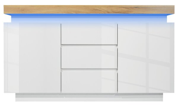 High-Gloss Storage Cabinet with 2 Doors and 3 Drawers, Modern Buffet with App-Controlled LED Light, for Hallway, 140L x 39W x 81H cm, White Aosom.UK