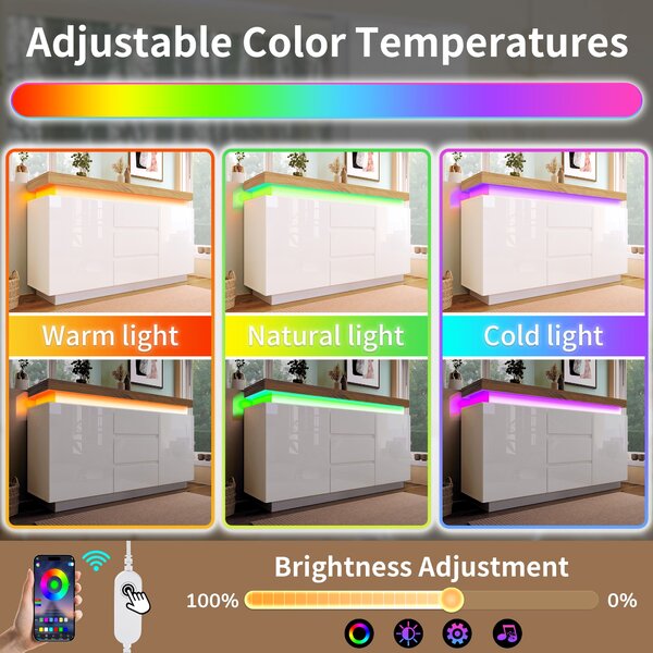 High-Gloss Storage Cabinet with 2 Doors and 3 Drawers, Modern Buffet with App-Controlled LED Light, for Hallway, 140L x 39W x 81H cm, White Aosom.UK
