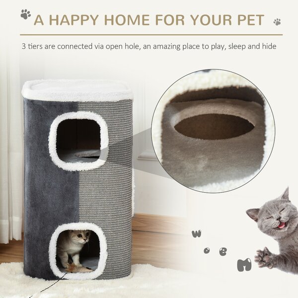 PawHut Cat Barrel Kitten Tree Tower Sisal Scratching Pet Furniture Climbing Frame Cozy Platform Soft Plush & Lamb Fleece Grey
