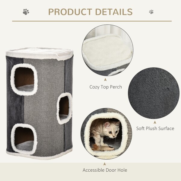 PawHut Cat Barrel Kitten Tree Tower Sisal Scratching Pet Furniture Climbing Frame Cozy Platform Soft Plush & Lamb Fleece Grey