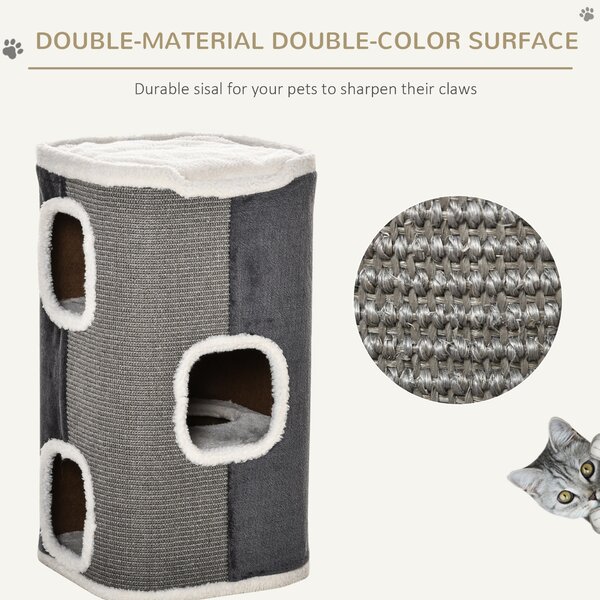 PawHut Cat Barrel Kitten Tree Tower Sisal Scratching Pet Furniture Climbing Frame Cozy Platform Soft Plush & Lamb Fleece Grey