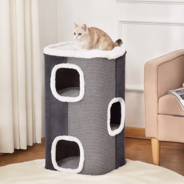 PawHut Cat Barrel Kitten Tree Tower Sisal Scratching Pet Furniture Climbing Frame Cozy Platform Soft Plush & Lamb Fleece Grey