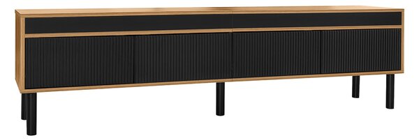 Elegant TV Cabinet with 4 Doors, Striped Design and Wooden Legs, Media Cabinet for Modern Homes, 170L x 38W x 47H cm, Black+Natural Aosom UK