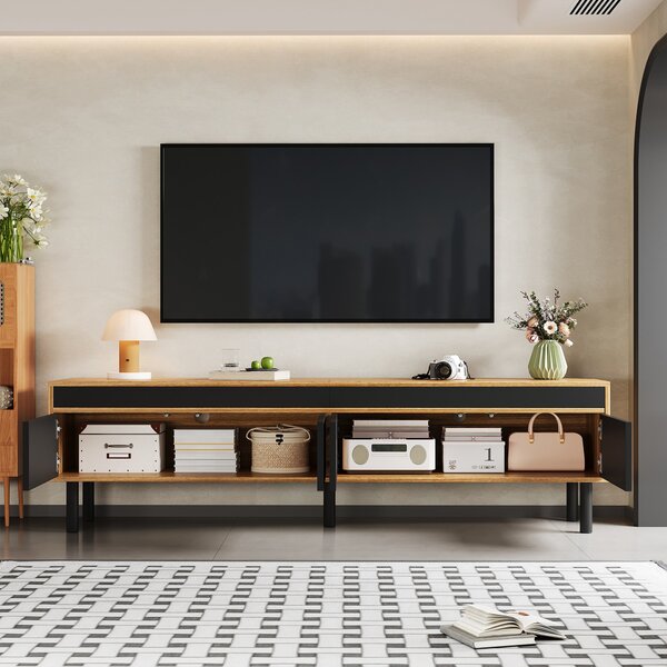 Elegant TV Cabinet with 4 Doors, Striped Design and Wooden Legs, Media Cabinet for Modern Homes, 170L x 38W x 47H cm, Black+Natural Aosom UK