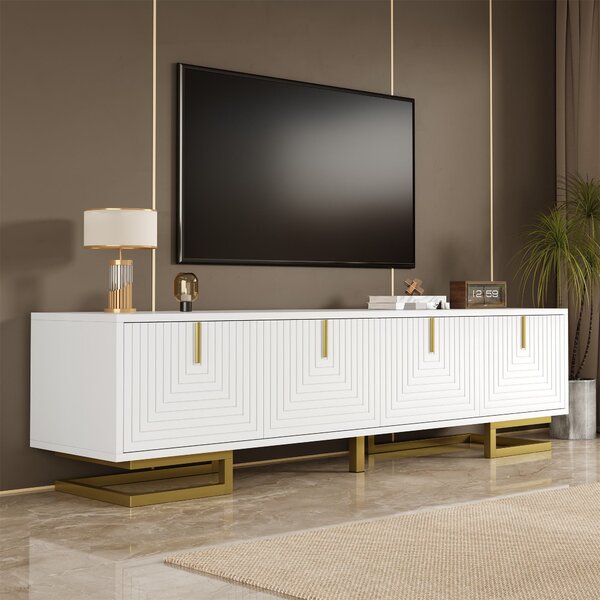 Elegant TV Cabinet with Textured Doors, Golden Handles, Adjustable Feet, Modern TV Stand for Living Room, 160L x 38W x 44.5H cm, White Aosom UK