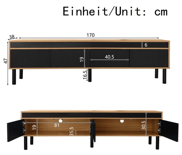 Elegant TV Cabinet with 4 Doors, Striped Design and Wooden Legs, Media Cabinet for Modern Homes, 170L x 38W x 47H cm, Black+Natural Aosom UK