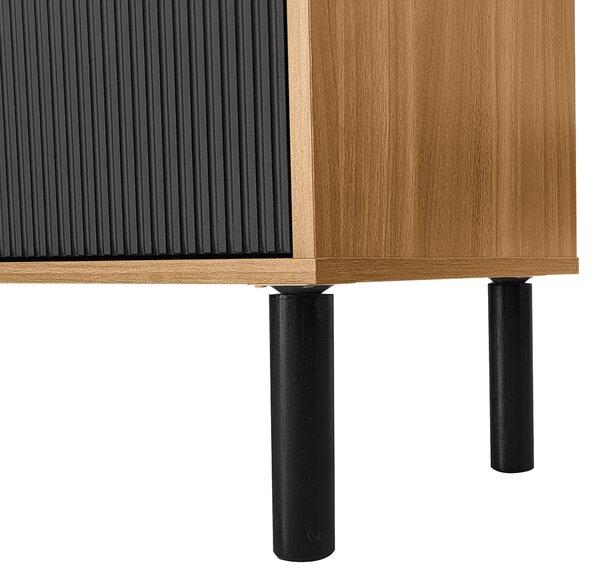 Elegant TV Cabinet with 4 Doors, Striped Design and Wooden Legs, Media Cabinet for Modern Homes, 170L x 38W x 47H cm, Black+Natural Aosom UK