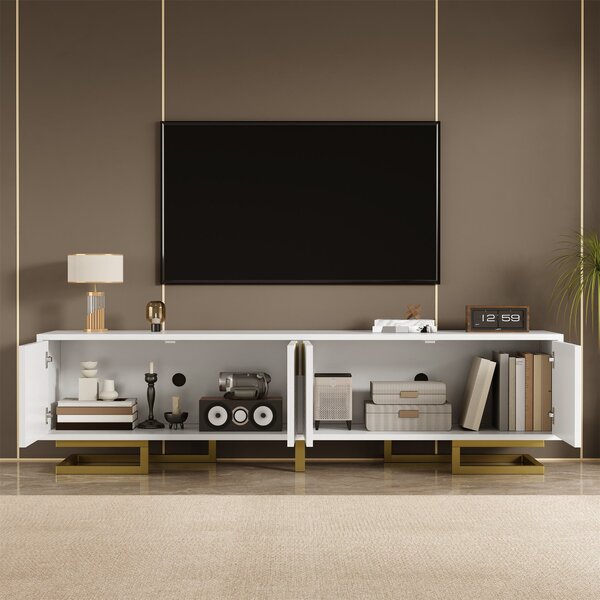 Elegant TV Cabinet with Textured Doors, Golden Handles, Adjustable Feet, Modern TV Stand for Living Room, 160L x 38W x 44.5H cm, White Aosom UK
