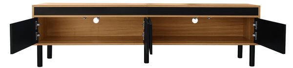 Elegant TV Cabinet with 4 Doors, Striped Design and Wooden Legs, Media Cabinet for Modern Homes, 170L x 38W x 47H cm, Black+Natural Aosom UK