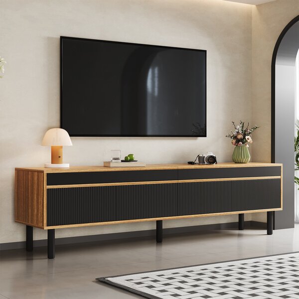 Elegant TV Cabinet with 4 Doors, Striped Design and Wooden Legs, Media Cabinet for Modern Homes, 170L x 38W x 47H cm, Black+Natural Aosom UK