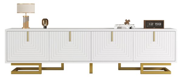 Elegant TV Cabinet with Textured Doors, Golden Handles, Adjustable Feet, Modern TV Stand for Living Room, 160L x 38W x 44.5H cm, White Aosom UK