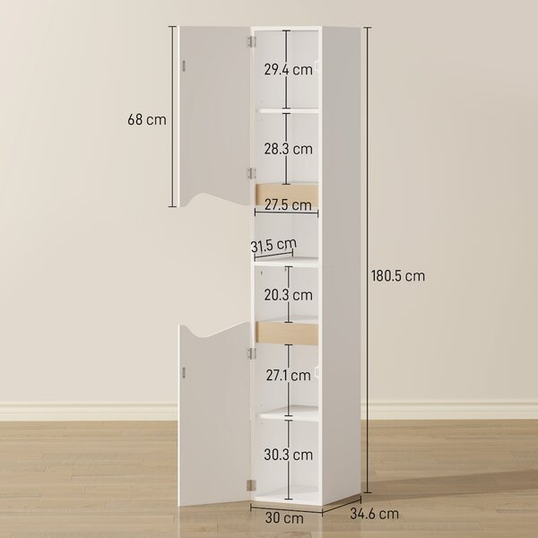 HOMCOM Tall Slim Bathroom Cabinet with 2 Doors, 2 Shelves - White