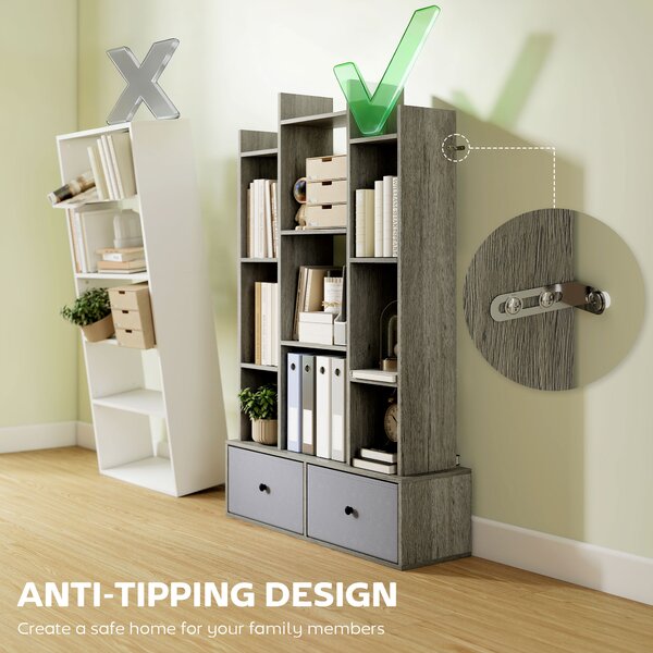 HOMCOM 12 Shelf Storage Unit, with Drawers - Graphite Wood Effect
