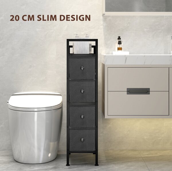 HOMCOM 4 Drawer Fabric Dresser Chest of Drawers, Slim Storage Cabinet with Steel Frame for Small Spaces, Bedroom, Black