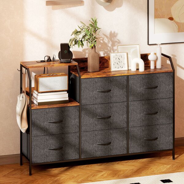 HOMCOM Chest of Eight Drawers, with Charging Station - Brown/Black