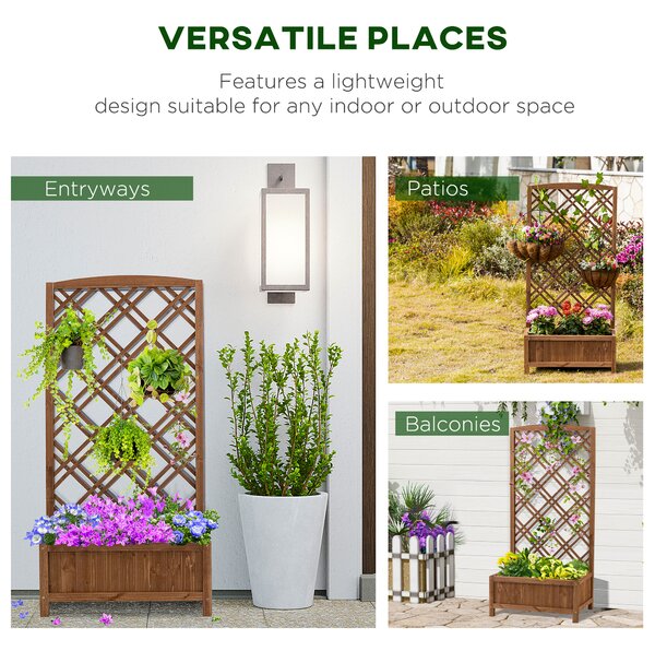 Outsunny Garden Planter with Trellis, Wooden Raised Bed for Garden with Lattice Trellis for Vegetables, Herbs and Flowers, Brown