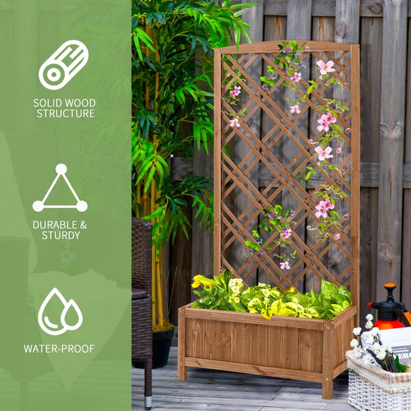 Outsunny Garden Planter with Trellis, Wooden Raised Bed for Garden with Lattice Trellis for Vegetables, Herbs and Flowers, Brown