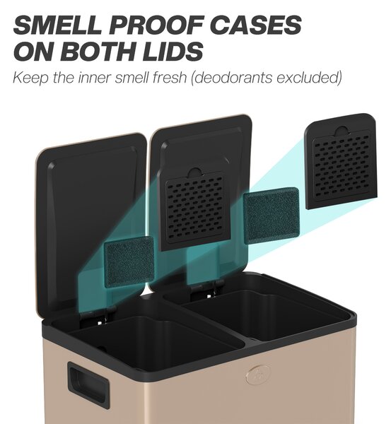HOMCOM 30L Dual Compartment Stainless Steel Bin, with Deodoriser Holders - Gold Tone