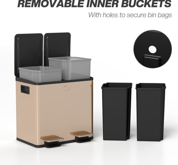 HOMCOM 30L Dual Compartment Stainless Steel Bin, with Deodoriser Holders - Gold Tone