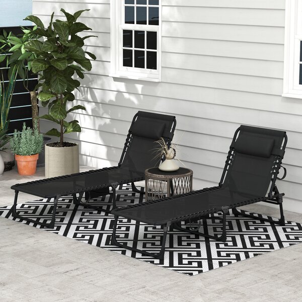 Outsunny Portable Sun Lounger Set of 2, Folding Camping Bed Cot with 5-position Adjustable Backrest, Side Pocket and Pillow, Black