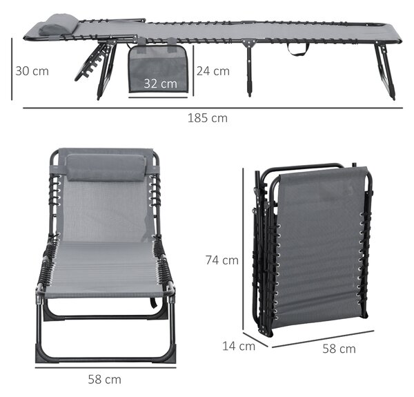 Outsunny Portable Sun Lounger Set of 2, Folding Camping Bed Cot, Reclining Lounge Chair 5-position Adjustable Backrest for Patio Beach, Grey